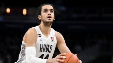 WASHINGTON, DC - JANUARY 28: Omer Yurtseven #44 of the Georgetown Hoyas takes a foul shot during a college basketball game against the Butler Bulldogs at the Capital One Arena on January 28, 2020 in Washington, DC. (Photo by Mitchell Layton/Getty Images)