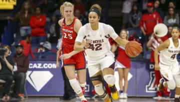 TUCSON, AZ - DECEMBER 30: Arizona State Sun Devils forward Kianna Ibis (42) dribbles the ball during a college women's basketball game between the Arizona State Sun Devils and the Arizona Wildcats on December 30, 2018, at McKale Center in Tucson, AZ. (Photo by Jacob Snow/Icon Sportswire via Getty Images)