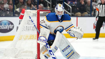 Apr 14, 2023; Columbus, Ohio, USA; Buffalo Sabres goaltender Devon Levi (27) tends net during the second period against the Columbus Blue Jackets at Nationwide Arena. Mandatory Credit: Jason Mowry-USA TODAY Sports
