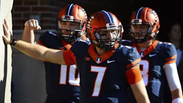 Nov 14, 2015; Champaign, IL, USA; Illinois Fighting Illini quarterback Chayce Crouch (7) walks onto the field before the game against the Ohio State Buckeyes at Memorial Stadium. Mandatory Credit: Mike DiNovo-USA TODAY Sports