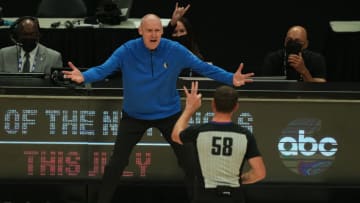 Dallas Mavericks head coach Rick Carlisle reacts to a call during the first half in game seven of the first round of the 2021 NBA Playoffs. Mandatory Credit: Kirby Lee-USA TODAY Sports