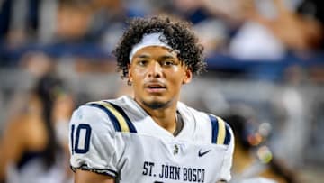 Aug 26, 2022; Allen, TX, USA; St. John Bosco Braves quarterback Pierce Clarkson (10) during the Prep Gridiron Tom Landry Classic between St. John Bosco Braves and the Allen Eagles at Eagle Stadium at Allen High School. Mandatory Credit: Jerome Miron-USA TODAY Sports