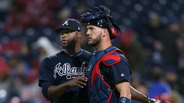 PHILADELPHIA, PA - APRIL 28: Closer Arodys Vizcaino #38 and catcher Tyler Flowers #25 of the Atlanta Braves congratulate each other after getting the final out of the game against the Philadelphia Phillies at Citizens Bank Park on April 28, 2018 in Philadelphia, Pennsylvania. The Braves defeated the Phillies 4-1. (Photo by Rich Schultz/Getty Images)