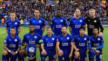 LEICESTER, ENGLAND - APRIL 18: The Leicester City team pose for a team photo prior to the UEFA Champions League Quarter Final second leg match between Leicester City and Club Atletico de Madrid at The King Power Stadium on April 18, 2017 in Leicester, United Kingdom. (Photo by Richard Heathcote/Getty Images)