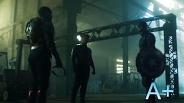 (L-R): Falcon/Sam Wilson (Anthony Mackie), Winter Soldier/Bucky Barnes (Sebastian Stan) and John Walker (Wyatt Russell) in Marvel Studios’ THE FALCON AND THE WINTER SOLDIER. Photo courtesy of Marvel Studios. ©Marvel Studios 2021. All Rights Reserved.