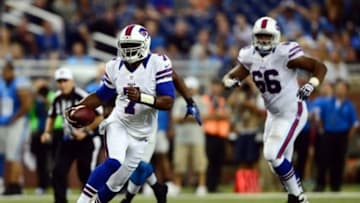 Aug 30, 2012; Detroit, MN, USA; Buffalo Bills quarterback Tarvaris Jackson (7) scrambles out of the pocket in the fourth quarter against the Detroit Lions in a preseason game at Ford Field. Detroit Lions defeated the Buffalo Bills 38-32. Mandatory Credit: Andrew Weber-US Presswire