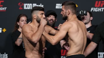 LAS VEGAS, NEVADA - JUNE 24: (L-R) Opponents Arman Tsarukyan of Georgia and Mateusz Gamrot of Poland face off during the UFC Fight Night weigh-in at UFC APEX on June 24, 2022 in Las Vegas, Nevada. (Photo by Jeff Bottari/Zuffa LLC)