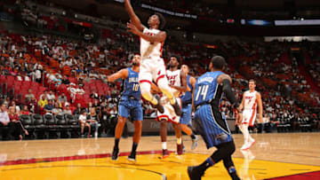 MIAMI, FL - OCTOBER 8: Josh Richardson #0 of the Miami Heat drives to the basket during a pre-season game against the Orlando Magic on October 8, 2018 at American Airlines Arena, in Miami, Florida. NOTE TO USER: User expressly acknowledges and agrees that, by downloading and/or using this Photograph, user is consenting to the terms and conditions of the Getty Images License Agreement. Mandatory Copyright Notice: Copyright 2018 NBAE (Photo by Issac Baldizon/NBAE via Getty Images)