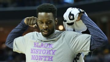 Feb 8, 2015; Memphis, TN, USA; Memphis Grizzlies forward Jeff Green reacts to a dunk by Kosta Koufos (not pictured) during the second half against the Atlanta Hawks at FedExForum. Memphis defeated Atlanta 94-88. Mandatory Credit: Nelson Chenault-USA TODAY Sports