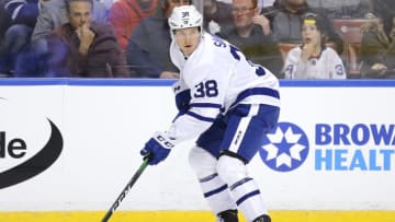 SUNRISE, FLORIDA - FEBRUARY 27: Rasmus Sandin #38 of the Toronto Maple Leafs skates with the puck against the Florida Panthers during the second period at BB&T Center on February 27, 2020 in Sunrise, Florida. (Photo by Michael Reaves/Getty Images)