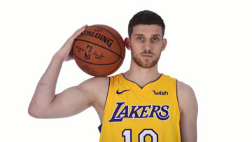 EL SEGUNDO, CA - JUNE 26: Sviatoslav Mykhailiuk #19 of the Los Angeles Lakers poses for a portrait after an introductory press conference at the UCLA Health Training Center on June 26, 2018 in El Segundo, California. NOTE TO USER: User expressly acknowledges and agrees that, by downloading and/or using this photograph, user is consenting to the terms and conditions of the Getty Images License Agreement. Mandatory Copyright Notice: Copyright 2018 NBAE (Photo by Adam Pantozzi/NBAE via Getty Images)