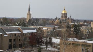 Nov 15, 2014; South Bend, IN, USA; A wide angle view of the Notre Dame campus with the Golden Dome in the background taken before the Northwestern Wildcats play against the Notre Dame Fighting Irish at Notre Dame Stadium. Mandatory Credit: Brian Spurlock-USA TODAY Sports