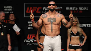 SAO PAULO, BRAZIL - SEPTEMBER 21: Thiago Santos of Brazil poses on the scale during the UFC Fight Night weigh-in at Ibirapuera Gymnasium on September 21, 2018 in Sao Paulo, Brazil. (Photo by Buda Mendes/Zuffa LLC/Zuffa LLC via Getty Images)