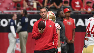 GLENDALE, AZ - OCTOBER 01: Head coach Kyle Shanahan of the San Francisco 49ers watches warm ups before the start of the NFL game against the Arizona Cardinals at the University of Phoenix Stadium on October 1, 2017 in Glendale, Arizona. (Photo by Norm Hall/Getty Images)