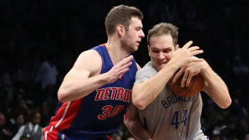 Nov 2, 2016; Brooklyn, NY, USA; Brooklyn Nets guard Bojan Bogdanovic (44) drives against Detroit Pistons forward Jon Leuer (30) during the fourth quarter at Barclays Center. Brooklyn Nets won 109-101. Mandatory Credit: Anthony Gruppuso-USA TODAY Sports