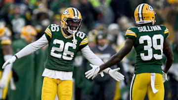 GREEN BAY, WISCONSIN - DECEMBER 15: Free safety Darnell Savage #26 of the Green Bay Packers and defensive back Chandon Sullivan #39 celebrate a play during the game against the Chicago Bears at Lambeau Field on December 15, 2019 in Green Bay, Wisconsin. (Photo by Stacy Revere/Getty Images)