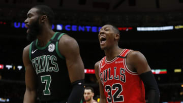 CHICAGO, ILLINOIS - JANUARY 04: Kris Dunn #32 of the Chicago Bulls reacts after a call late in the second half against the Boston Celtics at United Center on January 04, 2020 in Chicago, Illinois. NOTE TO USER: User expressly acknowledges and agrees that, by downloading and or using this photograph, User is consenting to the terms and conditions of the Getty Images License Agreement. (Photo by Nuccio DiNuzzo/Getty Images)