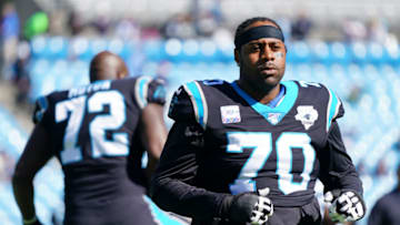 CHARLOTTE, NORTH CAROLINA - NOVEMBER 03: Trai Turner #70 of the Carolina Panthers before their game against the Tennessee Titans at Bank of America Stadium on November 03, 2019 in Charlotte, North Carolina. (Photo by Jacob Kupferman/Getty Images)