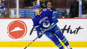 VANCOUVER, BC - MARCH 09: Vancouver Canucks Right Wing Brock Boeser (6) skates with the puck during warmup prior to their NHL game against the Vegas Golden Knights at Rogers Arena on March 9, 2019 in Vancouver, British Columbia, Canada. Vegas won 6-2. (Photo by Derek Cain/Icon Sportswire via Getty Images)