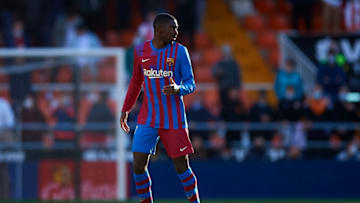 VALENCIA, SPAIN - FEBRUARY 20: Ousmane Dembele of FC Barcelona looks on during the La Liga Santander match between Valencia CF and FC Barcelona at Estadio Mestalla on February 20, 2022 in Valencia, Spain. (Photo by Quality Sport Images/Getty Images)