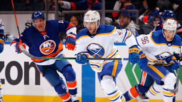 ELMONT, NEW YORK - DECEMBER 30: Casey Fitzgerald #45 of the Buffalo Sabres skates against the New York Islanders at the UBS Arena on December 30, 2021 in Elmont, New York. (Photo by Bruce Bennett/Getty Images)