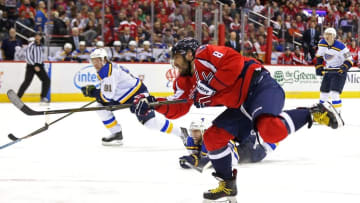 Nov 23, 2016; Washington, DC, USA; Washington Capitals left wing Alex Ovechkin (8) scores a hat trick goal against the St. Louis Blues in the third period at Verizon Center. The Capitals won 4-3. Mandatory Credit: Geoff Burke-USA TODAY Sports