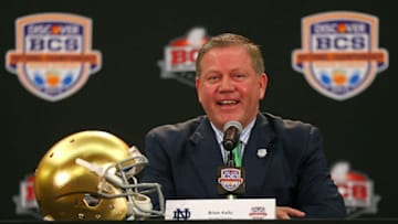 FORT LAUDERDALE, FL - JANUARY 06: Notre Dame Fighting Irish head coach Brian Kelly spreaks with members of the media during the Discover BCS National Championship Head Coaches Press Conference on January 6, 2013 in Fort Lauderdale, Florida. (Photo by Mike Ehrmann/Getty Images)