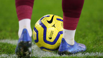 LEICESTER, ENGLAND - JANUARY 22: The Nike Merlin ball at the feet of a player during the Premier League match between Leicester City and West Ham United at The King Power Stadium on January 22, 2020 in Leicester, United Kingdom. (Photo by Catherine Ivill/Getty Images)