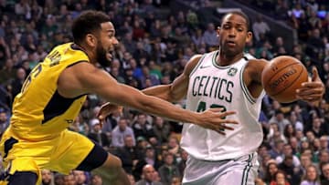 BOSTON - FEBRUARY 9: Indiana Pacers guard Cory Joseph (6) attempts to dish off a pass but Boston Celtics forward Al Horford (42) was there to make the interception as the Celtics tightened up on defense during the second half but it wasn't enough as they fell to the Indiana Pacers 97-91. The Boston Celtics host the Indiana Pacers at TD Garden in Boston on Feb. 09, 2018. (Photo by Barry Chin/The Boston Globe via Getty Images)