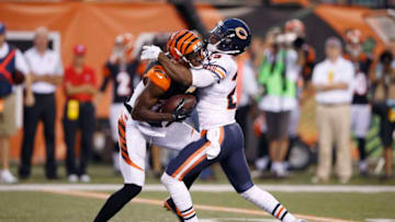 CINCINNATI, OH - AUGUST 29: Tracy Porter #25 of the Chicago Bears tackles A.J. Green #18 of the Cincinnati Bengals during a preseason game at Paul Brown Stadium on August 29, 2015 in Cincinnati, Ohio. (Photo by Joe Robbins/Getty Images)