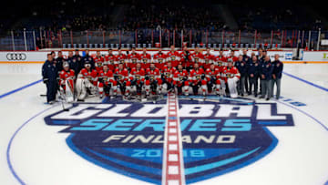 HELSINKI, FINLAND - OCTOBER 31: The Florida Panthers pose for their team photo prior to practice in preparation for the 2018 NHL Global Series games against the Winnipeg Jets at the Hartwall Arena on October 31, 2018 in Helsinki, Finland. (Photo by Eliot J. Schechter/NHLI via Getty Images)