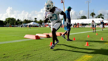 Jul 29, 2016; Davie, FL, USA; Miami Dolphins running back Jay Ajayi (23) during practice drills at Baptist Health Training Facility. Mandatory Credit: Steve Mitchell-USA TODAY Sports