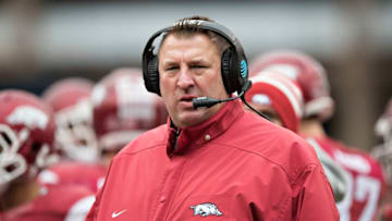 FAYETTEVILLE, AR - NOVEMBER 18: Head Coach Bret Bielema of the Arkansas Razorbacks on the sidelines during a game against the Mississippi State Bulldogs at Razorback Stadium on November 18, 2017 in Fayetteville, Arkansas. The Bulldogs defeated the Razorbacks 28-21. (Photo by Wesley Hitt/Getty Images)