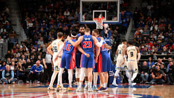 DETROIT, MI - DECEMBER 4: The Detroit Pistons huddle up during the game against the Milwaukee Bucks on December 4, 2019 at Little Caesars Arena in Detroit, Michigan. NOTE TO USER: User expressly acknowledges and agrees that, by downloading and/or using this photograph, User is consenting to the terms and conditions of the Getty Images License Agreement. Mandatory Copyright Notice: Copyright 2019 NBAE (Photo by Chris Schwegler/NBAE via Getty Images)