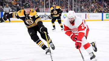 Nov 4, 2021; Boston, Massachusetts, USA; Detroit Red Wings defenseman Nick Leddy (2) controls the puck while Boston Bruins defenseman Brandon Carlo (25) defends during the second period at TD Garden. Mandatory Credit: Bob DeChiara-USA TODAY Sports