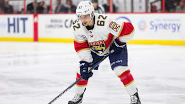 OTTAWA, ON - MARCH 28: Florida Panthers Center Denis Malgin (62) prepares for a face-off during first period National Hockey League action between the Florida Panthers and Ottawa Senators on March 28, 2019, at Canadian Tire Centre in Ottawa, ON, Canada. (Photo by Richard A. Whittaker/Icon Sportswire via Getty Images)