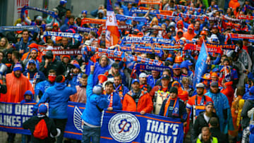 CINCINNATI, OH - APRIL 19: A procession of FC Cincinnati fans from the 'Bailey' section enter the stadium prior to the MLS match between Real Salt Lake and FC Cincinnati at Nippert Stadium on April 19, 2019 in Cincinnati, Ohio. (Photo by Jason Whitman/Getty Images).