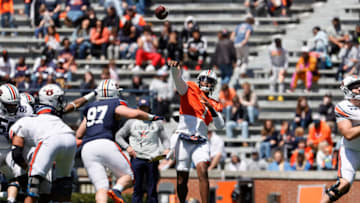 Auburn footballApr 9, 2022; Auburn, AL, USA; Auburn Tigers quarterback TJ Finley (1) throws a pass during the Spring game at Jordan-Hare Stadium. Mandatory Credit: John Reed-USA TODAY Sports