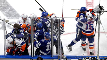 EDMONTON, ALBERTA - SEPTEMBER 09: The Tampa Bay Lightning and New York Islanders scuffle during the first period at Rogers Place on September 09, 2020 in Edmonton, Alberta. (Photo by Bruce Bennett/Getty Images)