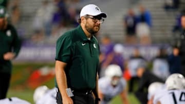 Sep 3, 2021; Evanston, Illinois, USA; Michigan State Spartans running backs coach William Peagler walks on the field during warmups before the game against the Northwestern Wildcats at Ryan Field. Mandatory Credit: Jon Durr-USA TODAY Sports