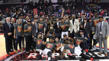 MISSISSAUGA, CANADA - APRIL 27: Members of the Raptors 905 celebrate after they defeated the Rio Grande Valley Vipers in Game Three of the D-League Finals to win the championship at the Hershey Centre on April 27, 2017 in Mississauga, Ontario, Canada. NOTE TO USER: User expressly acknowledges and agrees that, by downloading and/or using this photograph, user is consenting to the terms and conditions of the Getty Images License Agreement. Mandatory Copyright Notice: Copyright 2017 NBAE (Photo by Ron Turenne/NBAE via Getty Images)