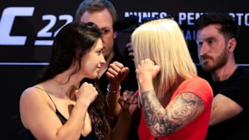 RIO DE JANEIRO, BRAZIL - MAY 10: UFC strawweight fighters Mackenzie Dern (L) of the United States and Amanda Cooper of the United States face off during Ultimate Media Day on May 10, 2018 in Rio de Janeiro, Brazil. (Photo by Buda Mendes/Zuffa LLC/Zuffa LLC via Getty Images)