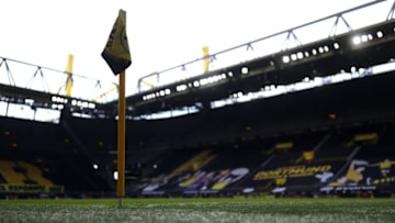 DORTMUND, GERMANY - APRIL 18: General view inside the stadium prior to the Bundesliga match between Borussia Dortmund and SV Werder Bremen at Signal Iduna Park on April 18, 2021 in Dortmund, Germany. Sporting stadiums around Germany remain under strict restrictions due to the Coronavirus Pandemic as Government social distancing laws prohibit fans inside venues resulting in games being played behind closed doors. (Photo by Joosep Martinson/Getty Images)