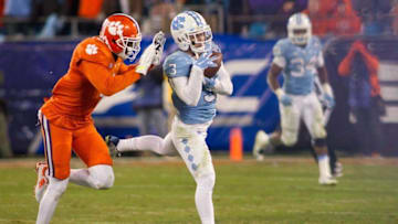 Dec 5, 2015; Charlotte, NC, USA; North Carolina Tar Heels wide receiver Ryan Switzer (3) catches a pass during the fourth quarter against the Clemson Tigers in the ACC football championship game at Bank of America Stadium. The Tigers won 45-37. Mandatory Credit: Jeremy Brevard-USA TODAY Sports