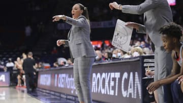 TUCSON, ARIZONA - FEBRUARY 06: Head coach Adia Barnes of the Arizona Wildcats instructs her team during their game against the Oregon State Beavers at McKale Center on February 06, 2022 in Tucson, Arizona. The Arizona Wildcats won 73-61. (Photo by Rebecca Noble/Getty Images)