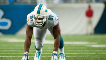 Nov 9, 2014; Detroit, MI, USA; Miami Dolphins defensive end Cameron Wake (91) during the fourth quarter against the Detroit Lions at Ford Field. Detroit won 20-16. Mandatory Credit: Tim Fuller-USA TODAY Sports