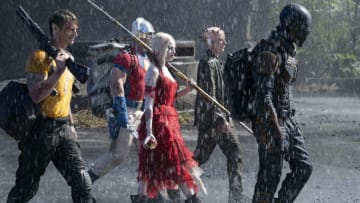 (L-r) JOEL KINNAMAN as Rick Flag, JOHN CENA as Peacemaker, MARGOT ROBBIE as Harley Quinn, PETER CAPALDI as The Thinker and IDRIS ELBA as Bloodsport in Warner Bros. Pictures’ action adventure “THE SUICIDE SQUAD,” a Warner Bros. Pictures release.. Photo: Jessica Miglio/™ & © DC Comics. © 2021 Warner Bros. Entertainment Inc. All Rights Reserved.