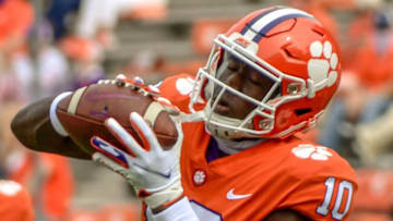 Clemson wide receiver Joseph Ngata(10) catches a ball before the game with The Citadel Saturday, Sept. 19, 2020 at Memorial Stadium in Clemson, S.C.Clemson The Citadel Ncaa Football