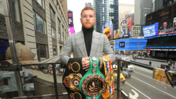 NEW YORK CITY, NY- FEBRUARY 27: Canelo Alvarez poses at the press conference for his fight against Daniel Jacobs on February 27, 2019 in New York City. (Photo by Tom Hogan/Golden Boy/Getty Images)