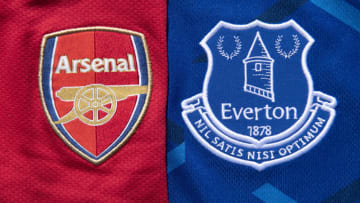 MANCHESTER, ENGLAND - MAY 13: The Arsenal and Everton club crests on their first team home shirt on May 13, 2020 in Manchester, England. (Photo by Visionhaus)